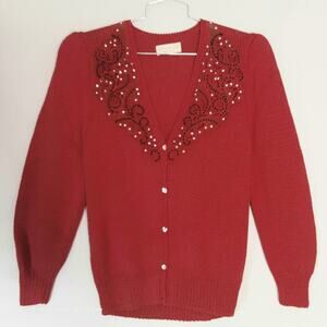 Vintage 80s Beads And Rhinestones Collar Ruby Red Cardigan Sweater